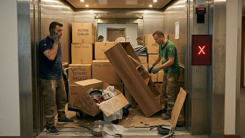 Taşınma günü asansör bozulursa öncelikle hasarın giderilmesi beklenir. 